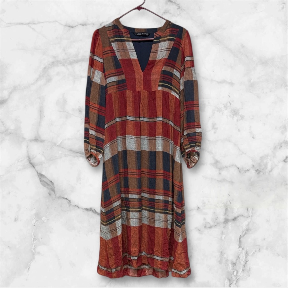 Zara check print Multicolor Plaid Long Sleeve Midi Dress XS